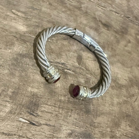 Jewelry - Designer Inspired Cable Bracelet Silver and Gold Toned with Fuchsia Accents